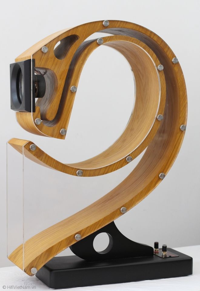 a wooden sculpture with a camera attached to it's back end and an acrylic display case