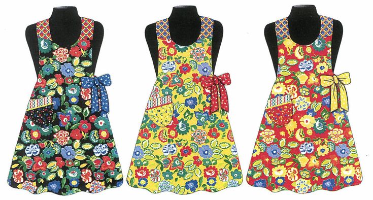 three aprons with different designs on them