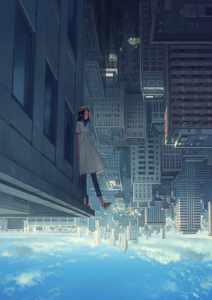 a woman standing on top of a tall building in the sky with clouds and skyscrapers behind her