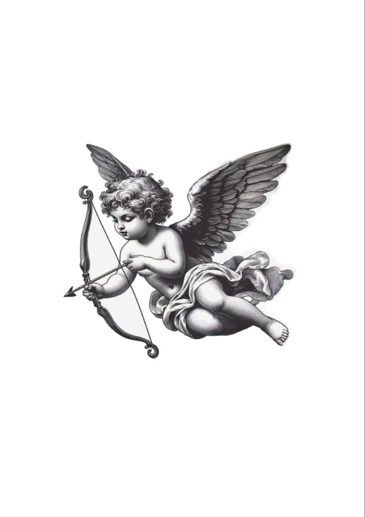 Cherub Tattoos For Guys, Cherub Bow And Arrow Tattoo, Small Mythical Tattoos, Mens Cherub Tattoo, Cherub Arrow Tattoo, Cherub Holding Flowers Tattoo, Angel Arrow Tattoo, Cupid Hand Tattoo, Black And Grey Angel Tattoos