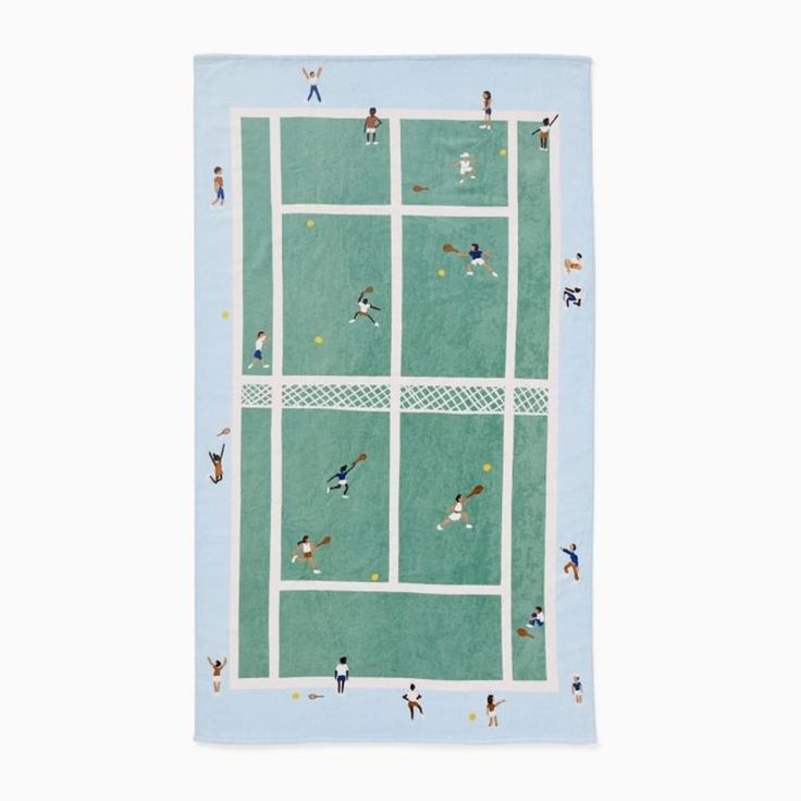 a blue towel with people playing tennis on the same court as others in different positions