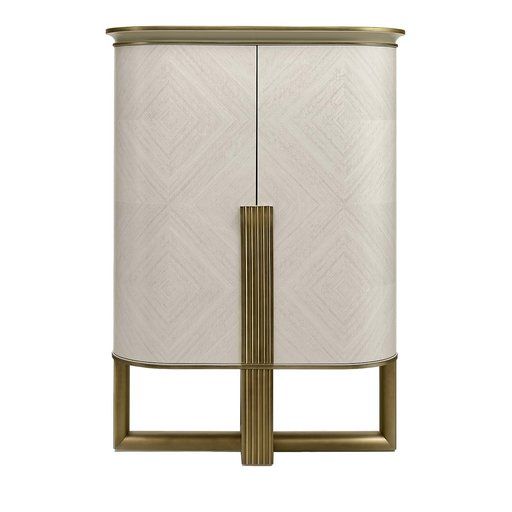 a white and gold cabinet with a lamp on top