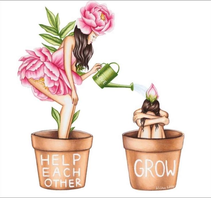 two women in flower pots, one watering the other with a watering can while the other is