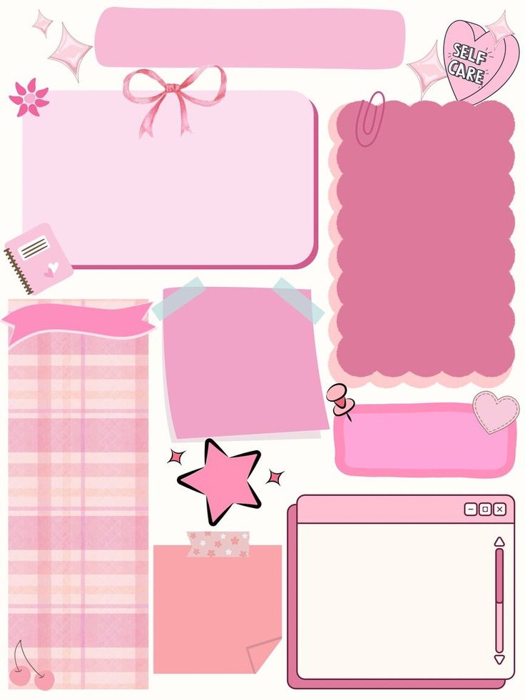 pink paper with hearts, stars and other items