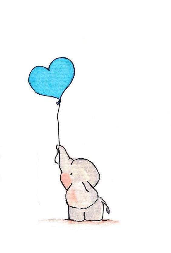 an elephant holding a blue heart shaped balloon