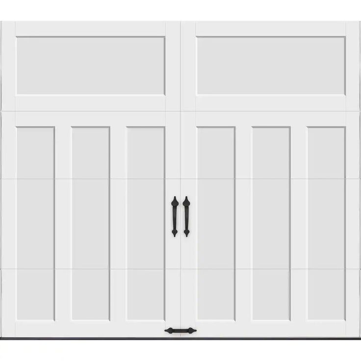 a white double garage door with two black arrows on the front and side paneling