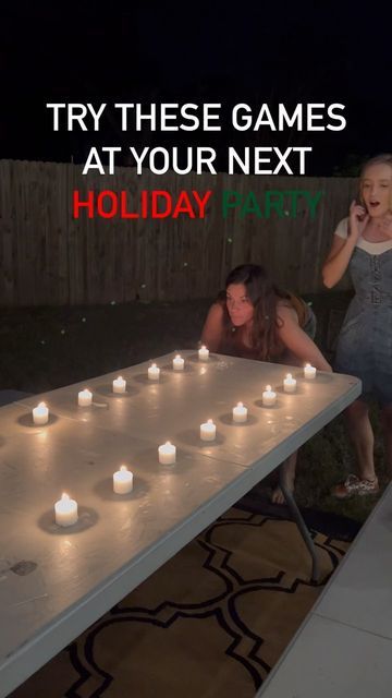 two women sitting at a table with candles on it and the words try these games at your next holiday party