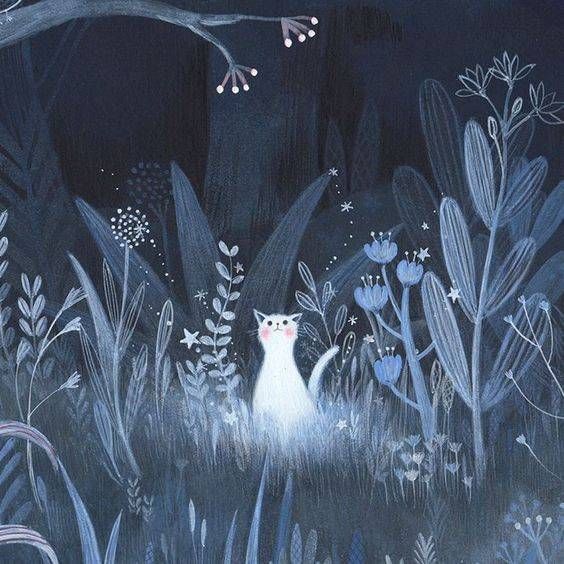 a painting of a white cat standing in the middle of a forest with blue flowers