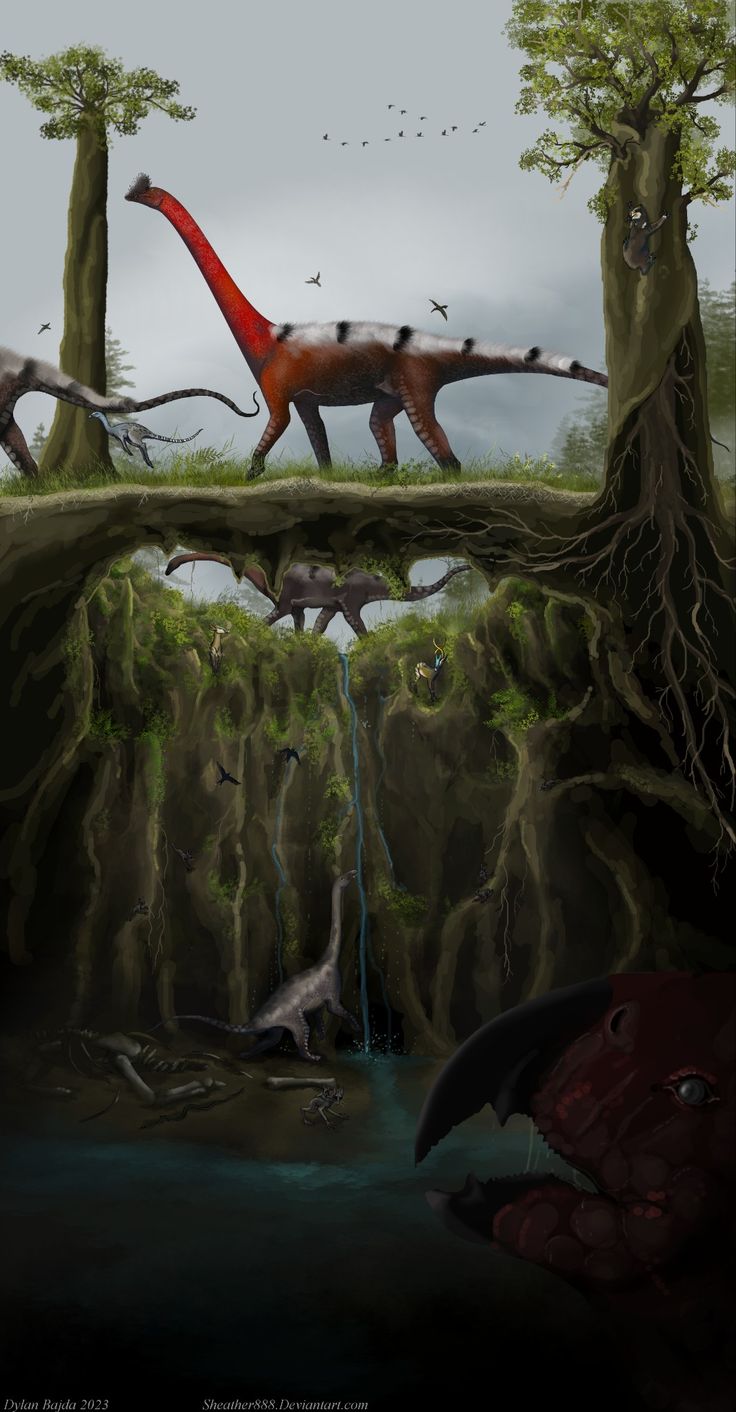 an artist's rendering of dinosaurs crossing a bridge in the forest with trees and water