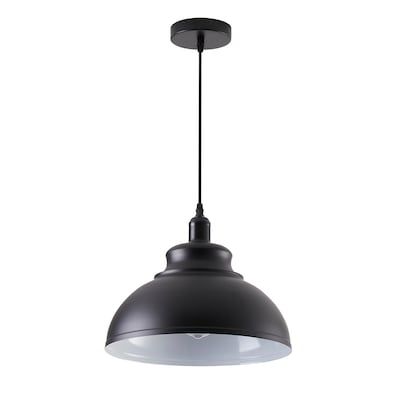 an industrial style pendant light hanging from a black metal ceiling fixture with a white glass shade