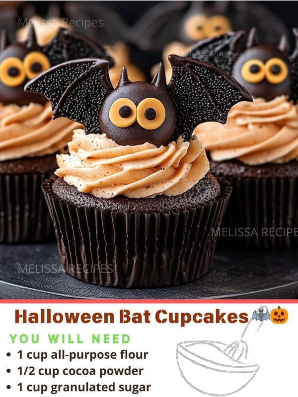 halloween bat cupcakes with chocolate frosting and sprinkles on top