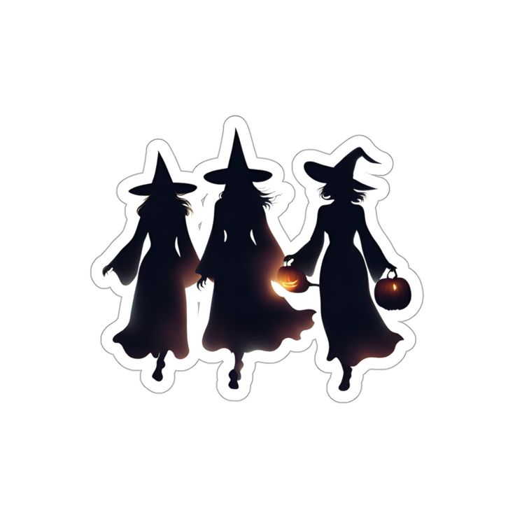 three silhouettes of witches holding pumpkins in their hands