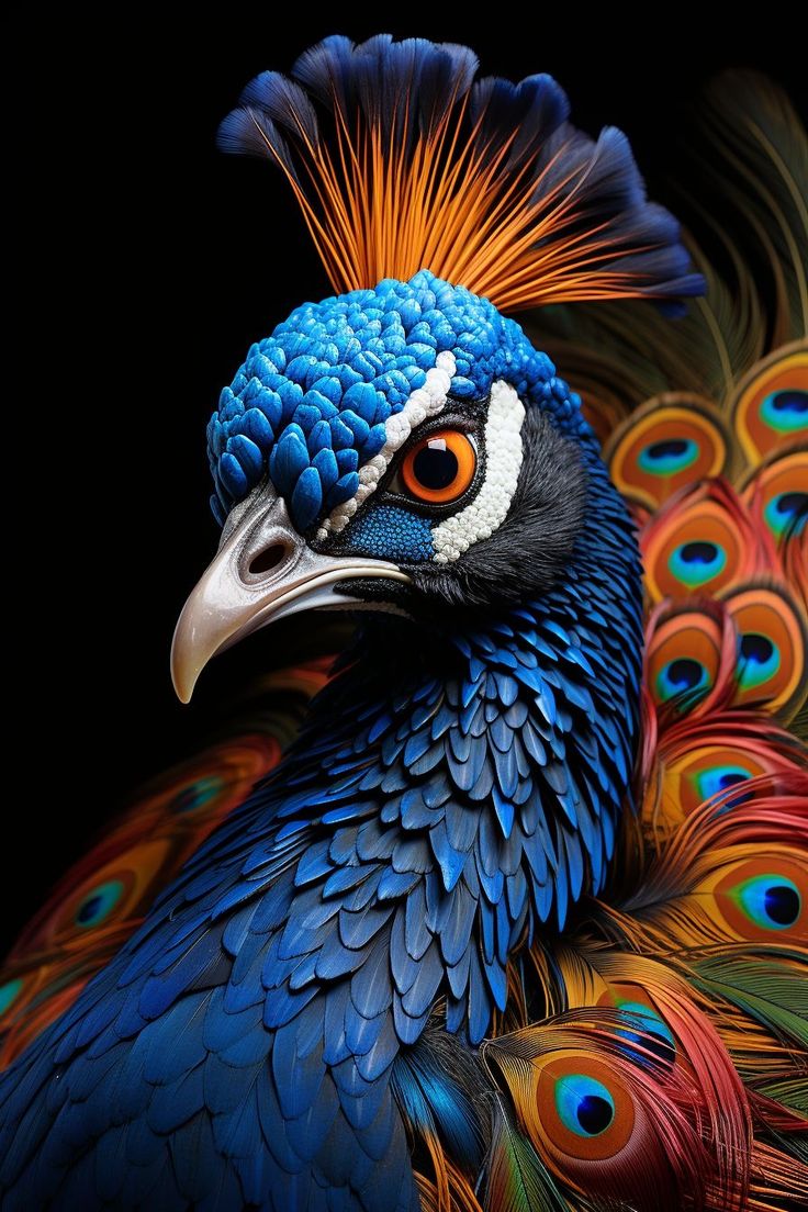 a peacock with orange, blue and green feathers