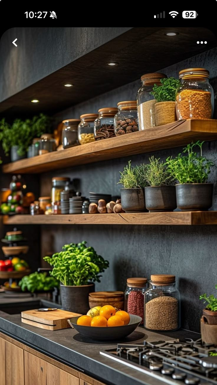 an image of a kitchen setting with spices and herbs on the shelf above the stove