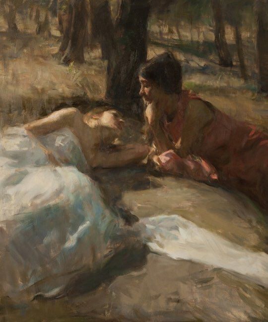 a painting of two people laying in the woods