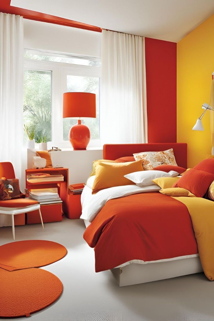 an orange and yellow bedroom with white curtains