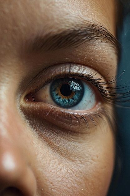 a woman's blue eye is seen through the iris of her eye, with long eyelashes