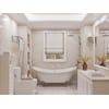 a bathroom with two sinks and a bathtub in it's center, all white