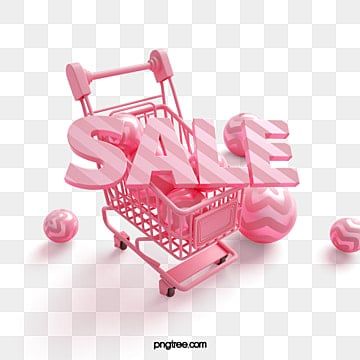 a pink shopping cart with the word sale on it, surrounded by smaller pink objects