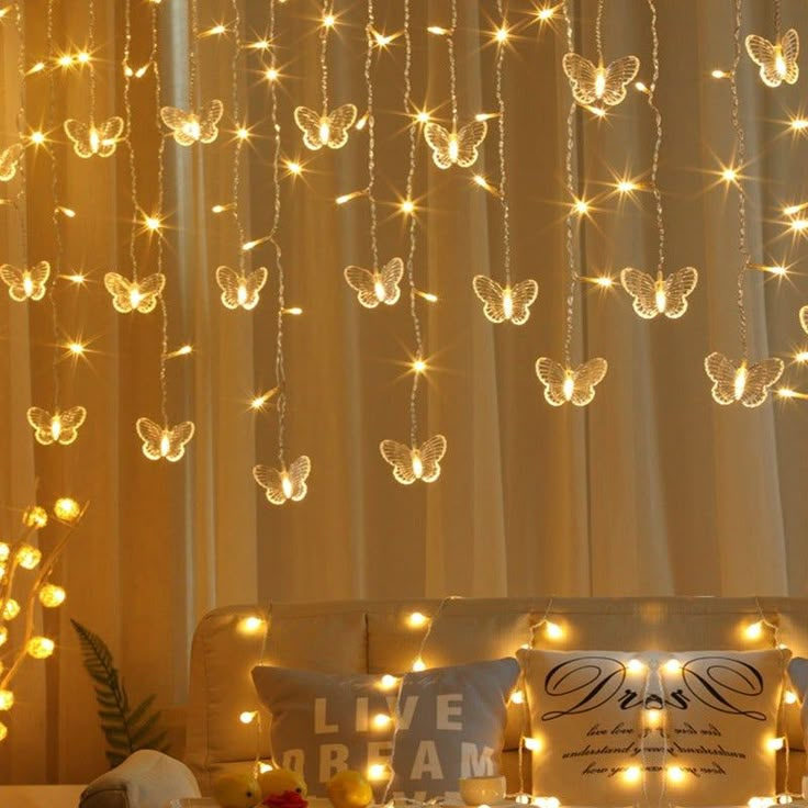 warm white light fairy aesthetic room butterfly string light roomtery Butterfly String Lights, Fairy Room, Aesthetic Bedroom Decor, Fairy Butterfly, Led Curtain Lights, Butterfly Lighting, Led Curtain, Curtain String Lights, Elegant Curtains