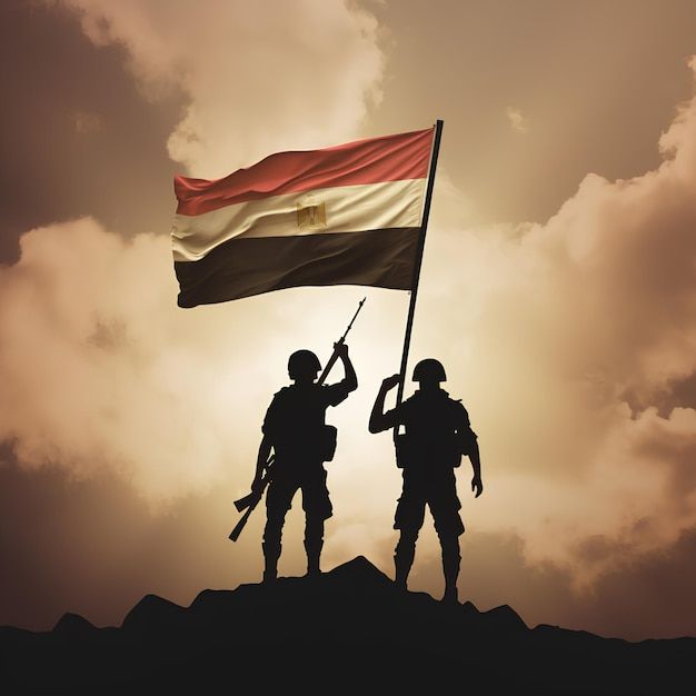 two soldiers holding flags on top of a hill with clouds in the sky behind them