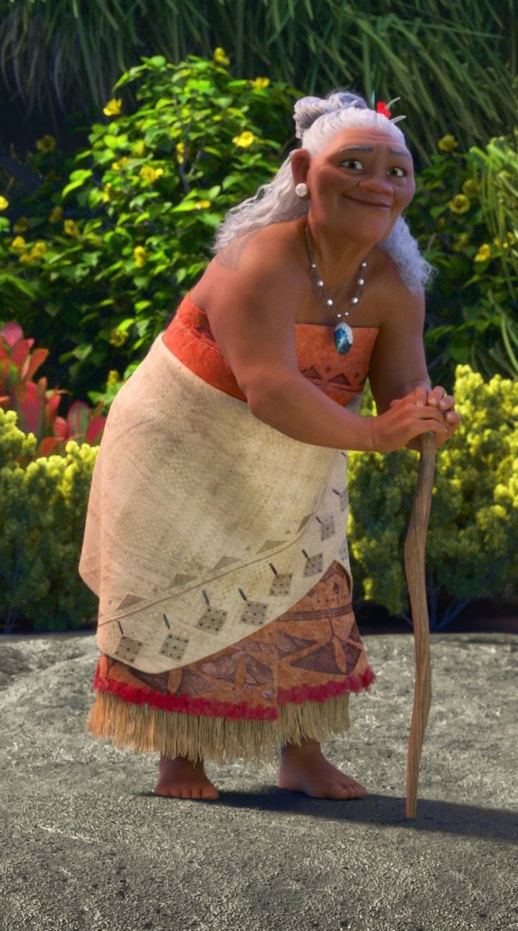 an animated woman in native clothing holding a stick