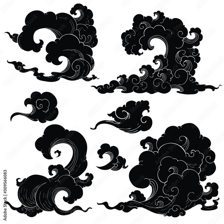 black and white clouds in the shape of waves, with swirls on each side