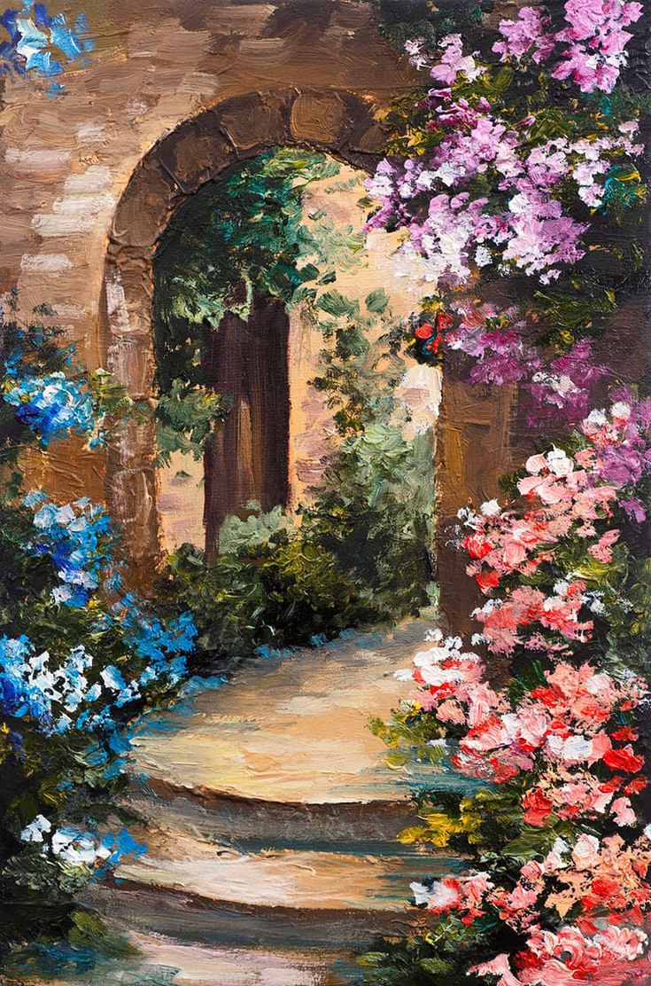 an oil painting of a garden scene with flowers and steps leading up to the door