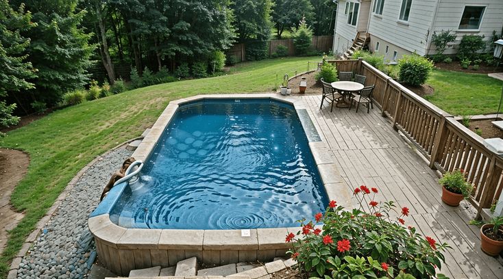 an above ground swimming pool in a backyard with steps leading up to the deck area