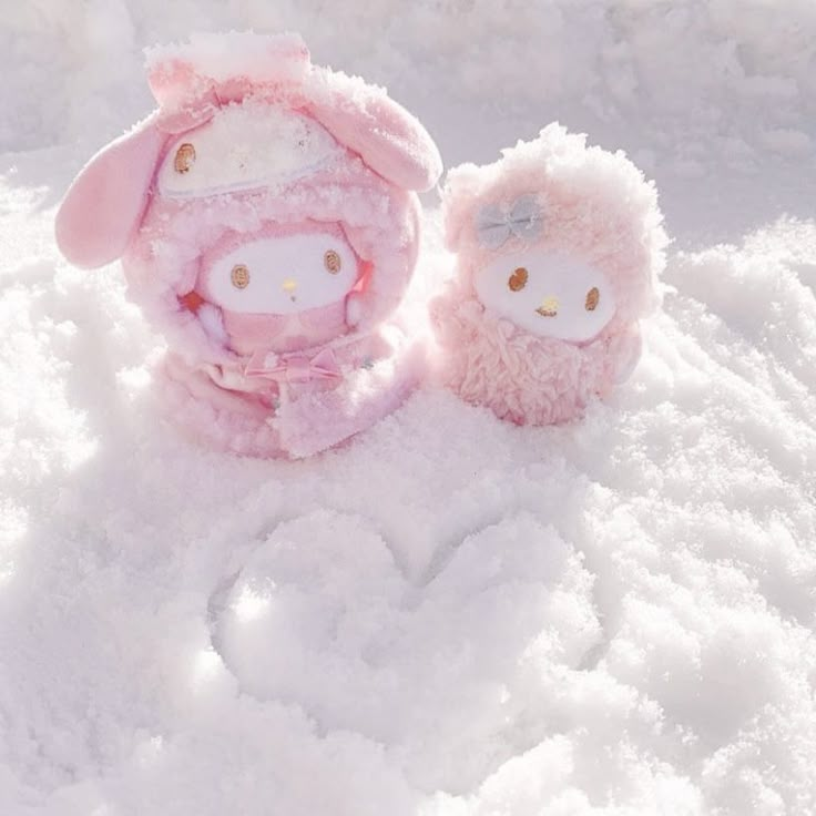 two stuffed animals are sitting in the snow