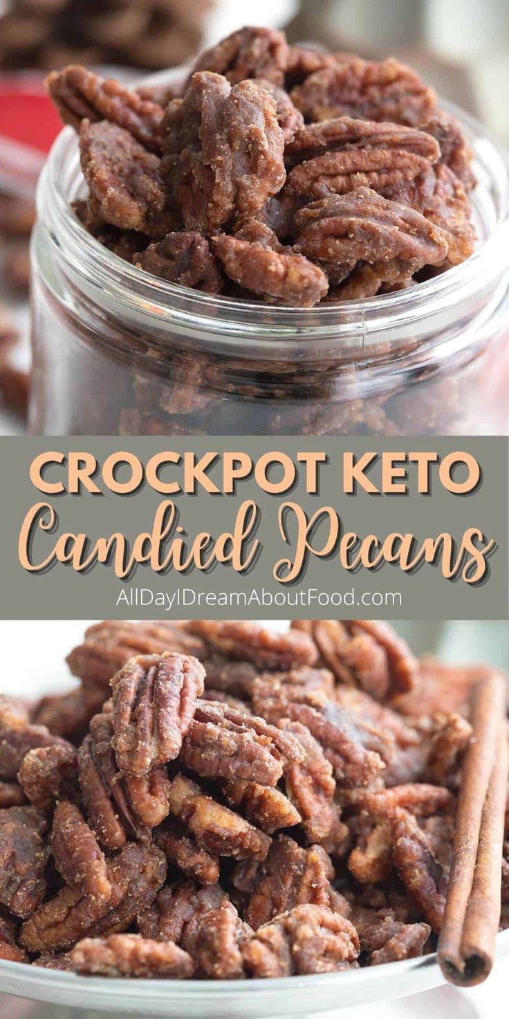 crockpot keto candied pecans in a glass jar with cinnamon sticks