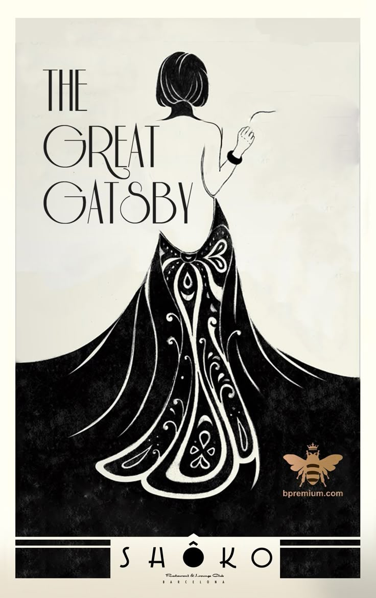 an advertisement for the great gatsby, featuring a woman in a black dress