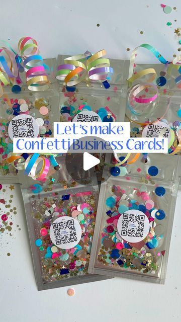 confetti business cards in plastic bags with ribbons and confetti sprinkles