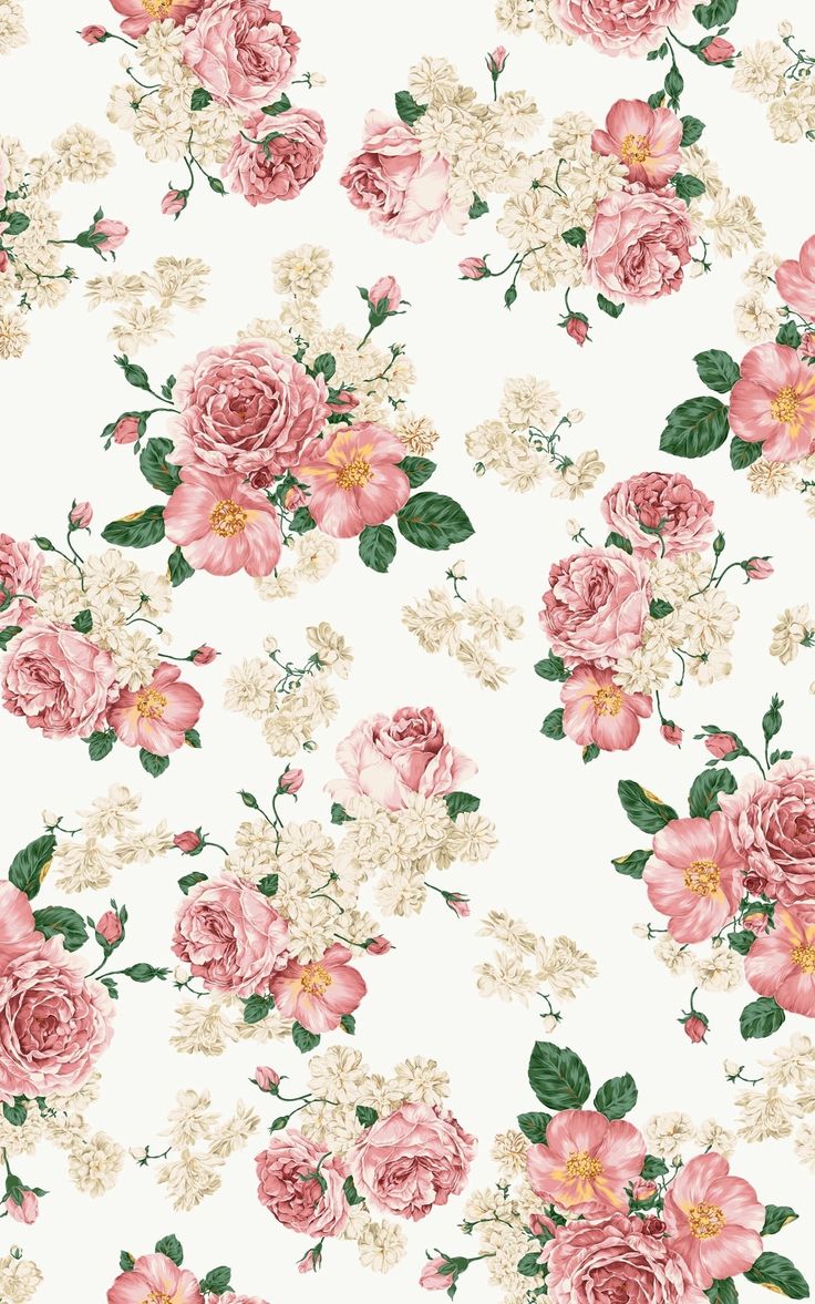 a white and pink flowered wallpaper with lots of flowers on the bottom half of it