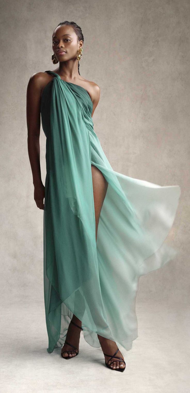 Teal Dress Shoes, Asymmetric Gown, Pre Fall 2023, Ombre Fashion, Ombre Dress, American Fashion Designers, Top Design Fashion, Teal Dress, Chiffon Gown