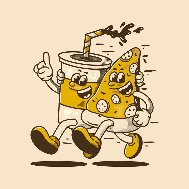 a cartoon character running with a drink in his hand and pizza on the other side