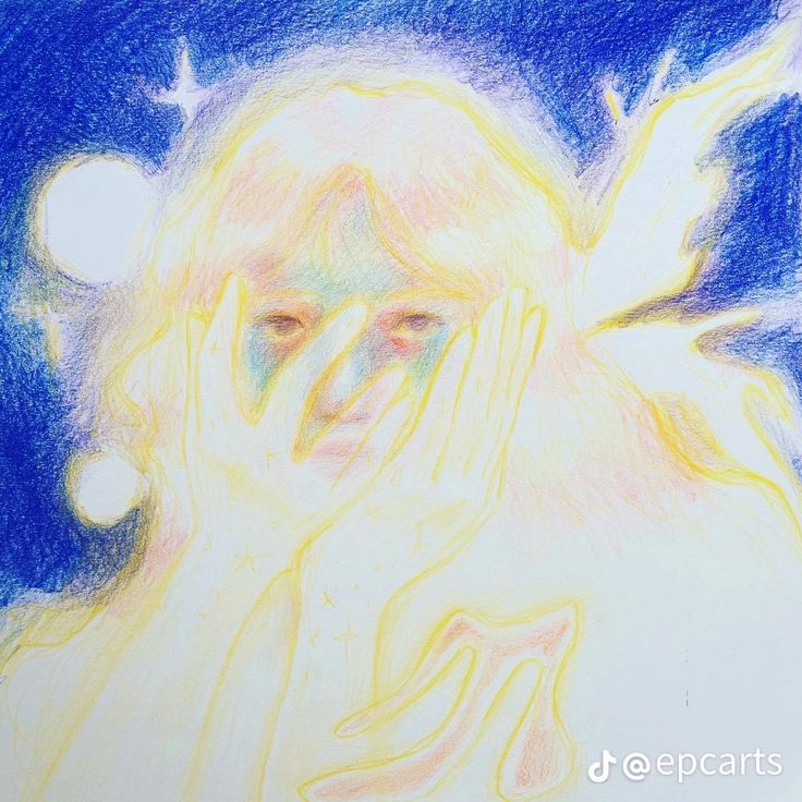 a drawing of a woman covering her face with her hands and looking up at the sky