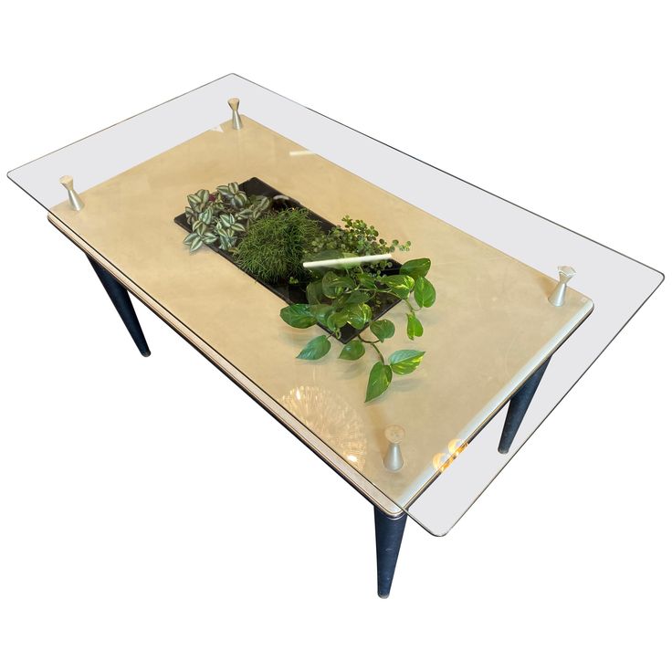 This dining table was produced in Italy during the 1950s and features a glass top with a central basin. The top and legs feature skai, as do the edges of the piece in the form of a trim around the border. The glass top and top of the frame are separated by 10 cm and the central basin was blackened after production. Granite Table, Door Table, Glass Top Dining Table, Plastic Wood, Furniture Renovation, Diy Landscaping, Table Dining, Glass Top Table, The 1950s