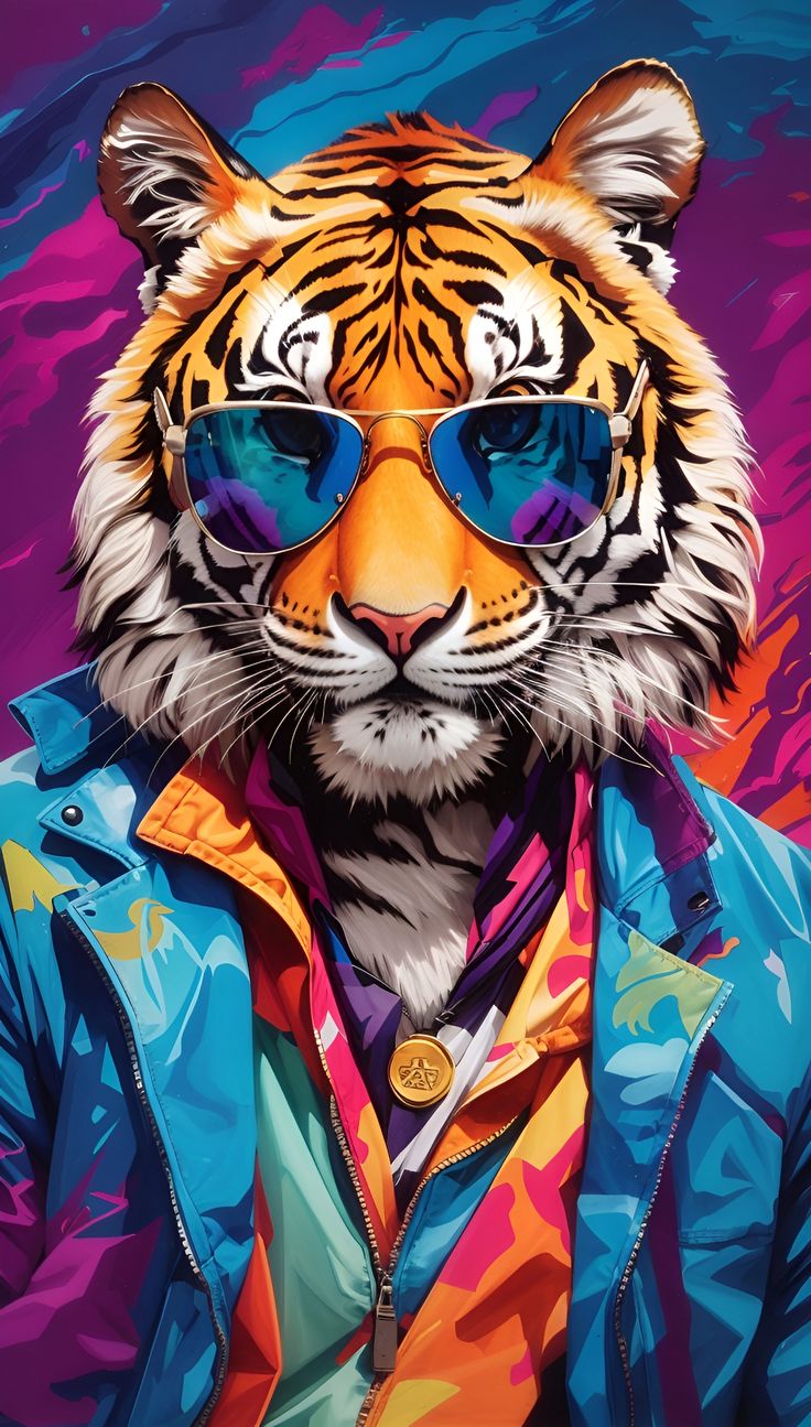 a painting of a tiger wearing sunglasses and a blue jacket with an orange stripe on it's chest