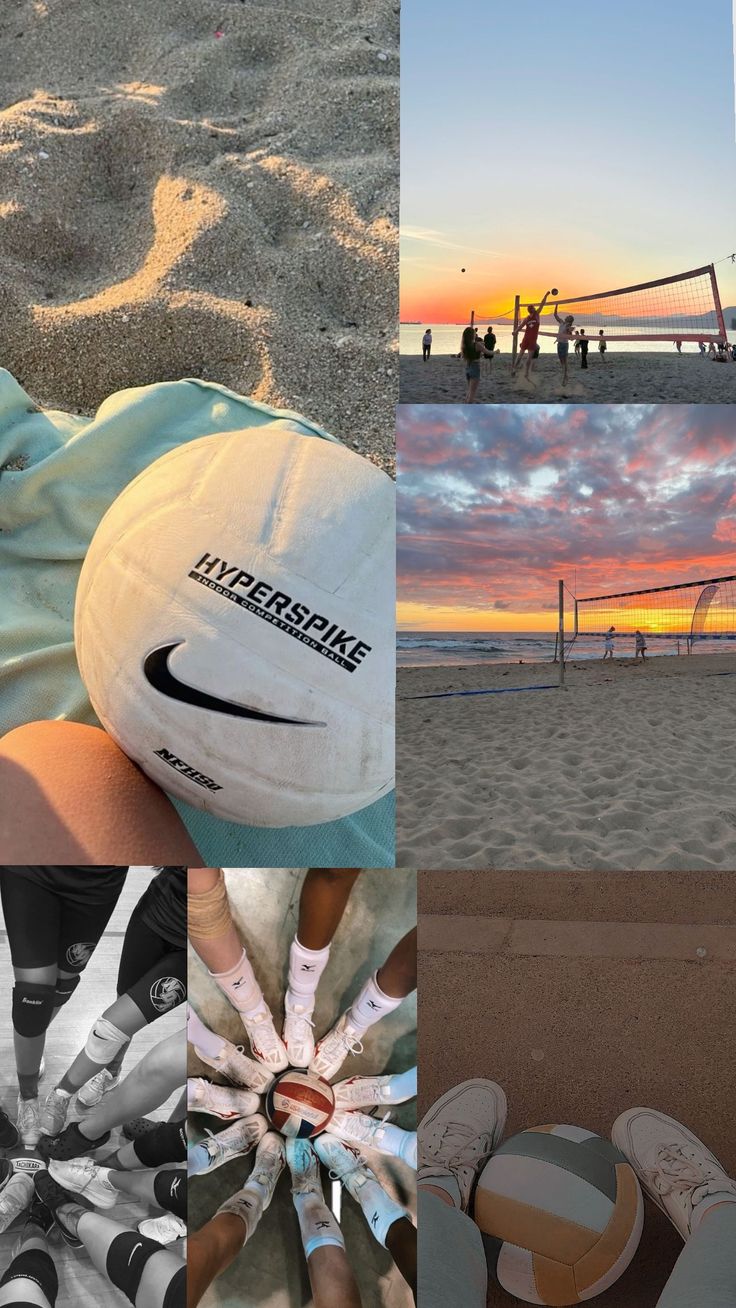 four different pictures show people playing volleyball on the beach and in the sand at sunset