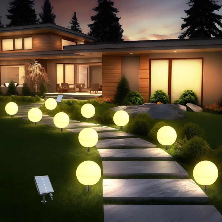 some lights that are on in the grass near a house at night with trees and bushes