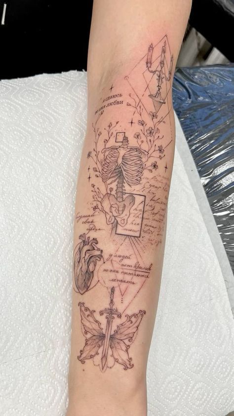 a person with a tattoo on their arm that has many different things in the background