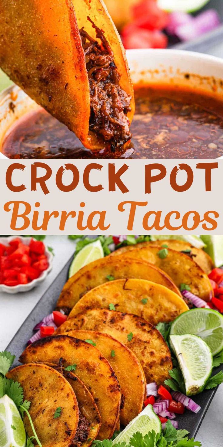 the crock pot burrito tacos are served with salsa and lime wedges