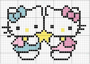 a cross stitch pattern with an image of a hello kitty face in pink, blue and yellow