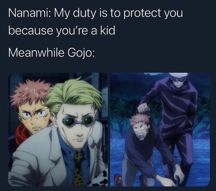 two anime characters with caption that reads, namami my duty is to protect you because you're a kid meanwhile go