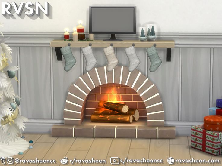 a christmas fireplace with stockings and presents around it