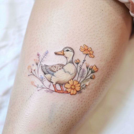 a woman's leg with a duck and flowers tattoo on it