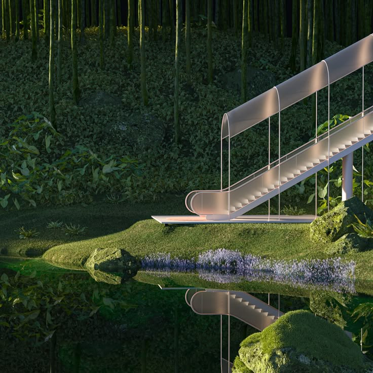 an artistic rendering of a stairway in the woods with moss growing on it's sides