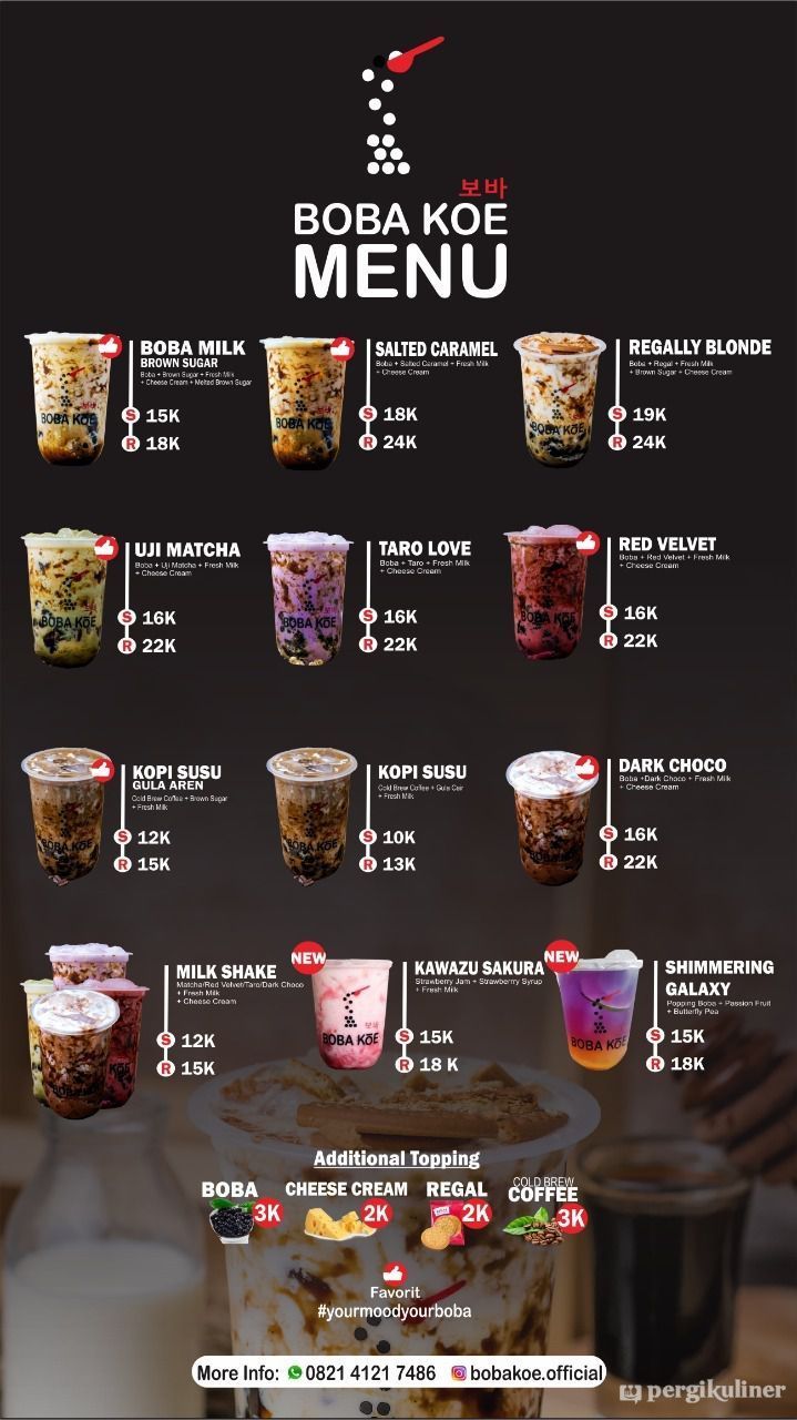 the menu for boba koe's korean desserts