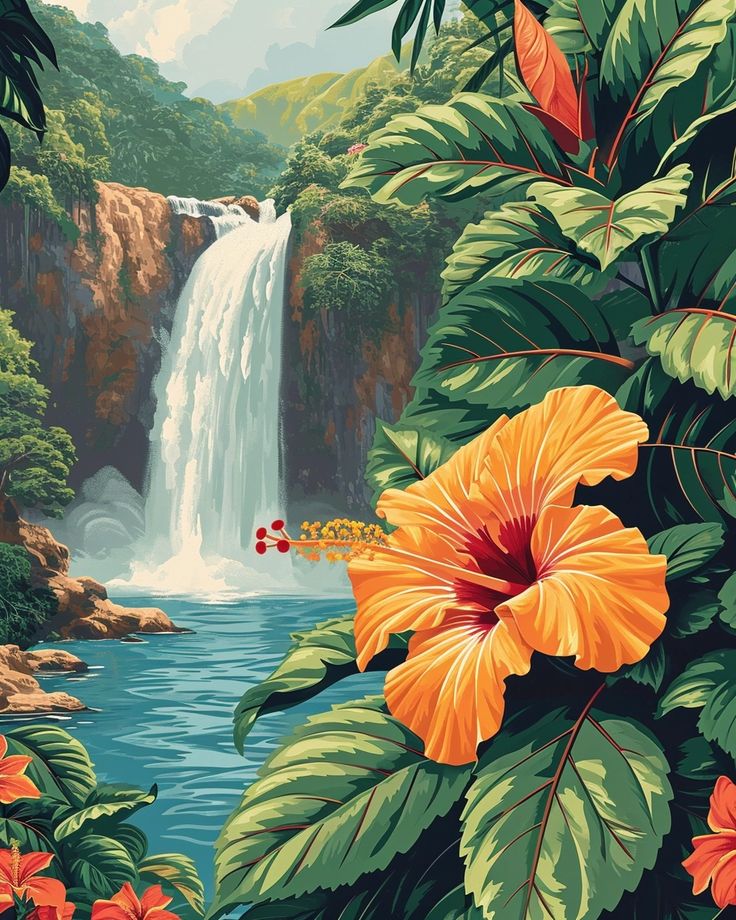 a painting of a waterfall and flowers in the foreground, surrounded by greenery